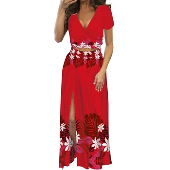Женствена рокля в традиционното племенно стил с червени принтом, Лятна татуировка, Женствена рокля от 2 теми с къси ръкави и V-образно деколте, женствена рокля