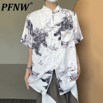 PFNW Летни Нови мъжки ризи с яка-часова китайски стил, жакард копчета с принтом, ежедневни стилна индивидуалност, Реколта дрехи 28A2952