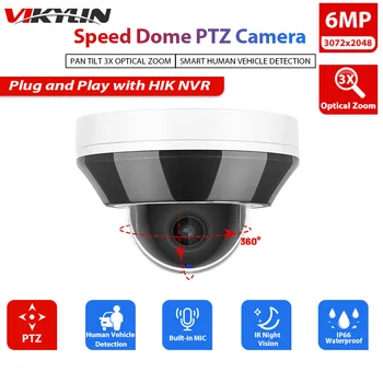 Vikylin 6MP PTZ Куполна IP камера за Сигурност За Hikvision, Съвместима С POE 2,8-8 мм, 3-кратно Увеличение H. 265 IP66, Камера за видео наблюдение С Микрофон