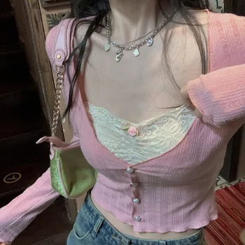 Корейски модерен съкратен топ, дамски пролетно трикотажная тениска с дълъг ръкав, сладка розова лейси лоскутная дрехи, тънки эстетичные тениски Y2K