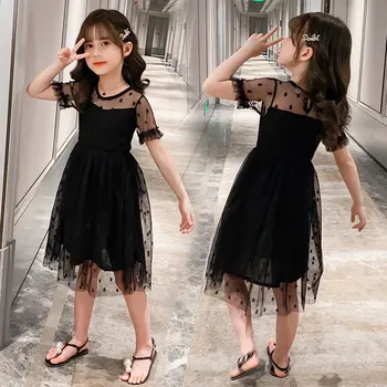 Лятно Черно Дантелено рокля за малки момичета, Детски Мрежести рокли на Принцеса Модно Празнична рокля за момичета от 3 до 4 години, 5, 7, 8, 9, 10, 11 Години, Рокли