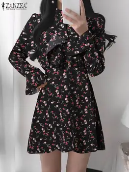 ZANZEA Празнична дреха трапецовидна форма с завязками на гърба, на Кратко премяна, Женствена мини рокля с флорални принтом, ръкав-фенерче, Модерно Елегантна рокля с волани