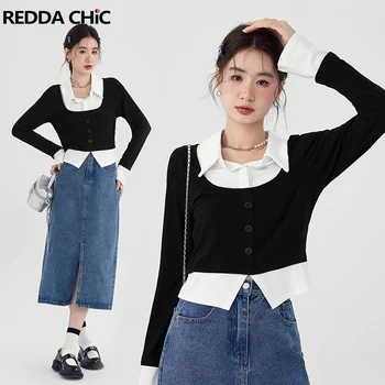 REDDACHiC, Есен нов фалшив женски съкратен топ от 2 теми, черно-бял вязаный пуловер с дълги ръкави в цвят блок, градинска облекло в корейски стил