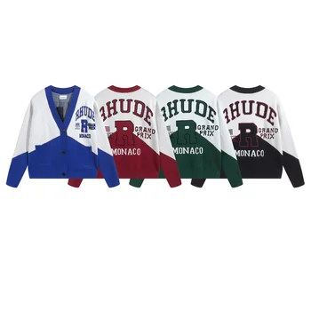 Вязаный жилетка RHUDE Червен, черен, син, цветен, с V-образно деколте, вязаный жилетка за мъже и жени, високо качество жаккардовый пуловер Rhude с логото на писмото, вътрешни бележки