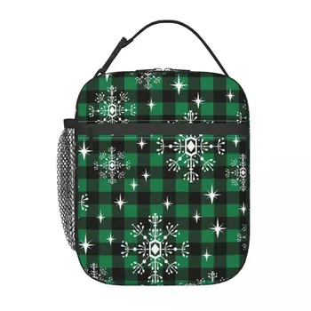 Коледна Черно-зелена Клетчатая чанта за обяд за жени и мъже, за многократна употреба Обяд-бокс за работа в офиса, на училище, на Пикник, на плажа