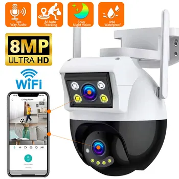 8MP 4K PTZ Wifi Камера с Двойна Леща и Двоен Екран Ai Human Detect Безжична Камера за Външно Наблюдение P2P ВИДЕОНАБЛЮДЕНИЕ Камера iCSee App