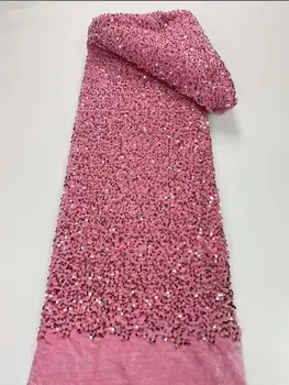 2023 Нов стил Африканска кадифе лейси плат с Високо качество Швейцарско дантела с бродерия 3D розови пайети mesh fabric 5 ярда сшитое вечерна рокля