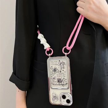 Луксозен Калъф-портфейл с прозрачен каишка-пеперуда, държач за карти, калъф за iPhone 15 14 13 12 11 Pro Max, мек силиконов калъф с покритие покритие