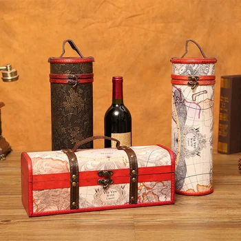 Китайски старинни дървени преносим кутия за червено вино, кутия за опаковане на вино от изкуствена кожа, дървена кутия за съхранение с един цилиндър