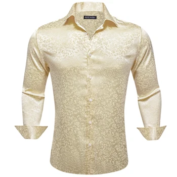 Луксозни ризи за мъже от копринен сатен с дълъг ръкав, Златисто-жълто цвете, мъжки блузи, ежедневни блузи с ревери, Дишаща градинска облекло Бари Уонг