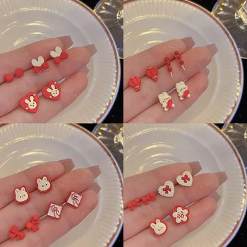 KADRUFI Сладки Китайски Коледни Мультяшные обеци-карамфил със заек и бантиком във формата на Сърце, Комплект за жени, Модни Обеци на Късмета си, Бижутериен подарък 2023