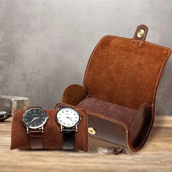Джобен часовник от естествена кожа, Класически преносими часовници за защита, кутия за съхранение, Органайзер за съхранение на бижута от стъкло с кръгла форма Y08E