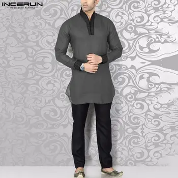 INCERUN Върховете 2023, Модерни Нови мъжки ризи, Градинска два цвята суитчър в стил мозайка с висока яка и дълги ръкави в мюсюлмански стил, S-5XL