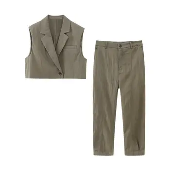 Просто комплекти за жени, Новост Есента 2023, Обикновена къси якета без ръкави, с джобове, Комплект панталон, Реколта модерен Офис дамски дрехи