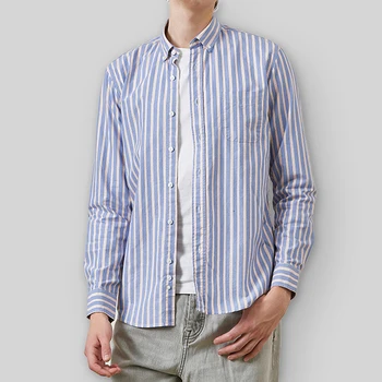 Мъжки ризи с вертикални райета от чист памук, Оксфорд риза обичайните размери, Мъжки ежедневни ризи с копчета и дълъг ръкав джоб