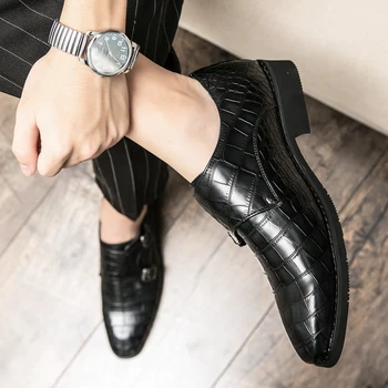 Мъжки модельная официалната ръчно изработени обувки, Модни и Ежедневни бизнес булчински обувки от крокодилска кожа с двоен обтегач, Мъжки кожени обувки, Размер 38-48