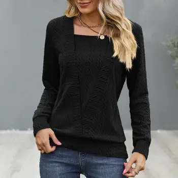 Есенно-зимни дамски тениска с квадратна яката и кръста, дълъг ръкав, обикновен пуловер свободно, намаляване, върхове, градинска облекло