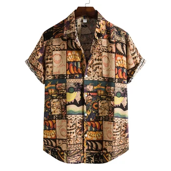 Мъжки ризи с принтом в ретро стил 90-те, Хавайска риза с къс ръкав и копчета, плажна риза за тропическа ваканция, Мъжки ежедневни свободни топове