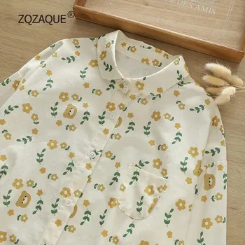 Мечка цветен шаблон за печат на памук блузи за жени с дълъг ръкав ежедневни свободна риза за момичета големи качествени дрехи SY2682