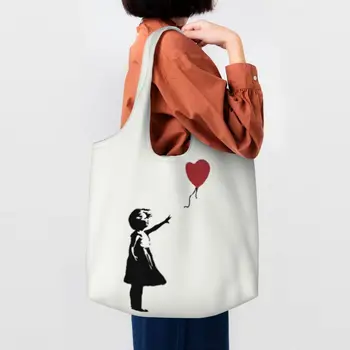 Момиче С въздушно топка, чанта за пазаруване в Banksy, Градинска Графити, Холщовая чанта за пазаруване, чанти Голям капацитет
