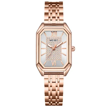 Кварцови часовници за жени С метална каишка, правоъгълно циферблат, Модни прости всекидневни и изискани дамски кварцов часовник