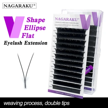 NAGARAKU V-образна форма на елипса, Плоски двойни уши, Удължаване на миглите, Напредък, плетене, Двойни накрайници, Супер меки естествени мигли