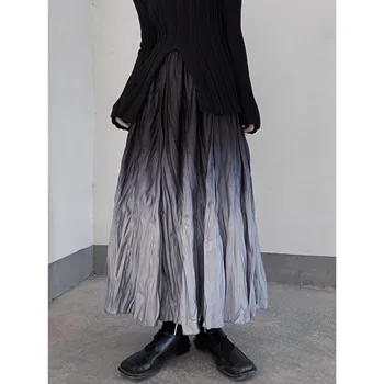 Художествена разцвет градиент плиссированная пола, есенно-зимния женски нишевый дизайн, Характерна висока талия, Дълга пола в сгъвката на