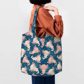 Симпатична чанта-тоут с шарени Аксолотля За пазаруване от рециклиране на Саламандър Животно Платно Продукти, Чанти за пазаруване на рамото Чанта за снимки