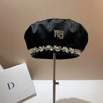 Необходимо Wang с оцетна киселина, дамски модни черна шапка на художник с кристали, пролетно-есенна универсална шапка знаменитост