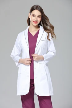 Есенна жена с бяла униформа с дълъг ръкав против бръчки, връхни дрехи за стоматологична клиника, лаборатория, за да се грижи за кожата и работа в салон за красота