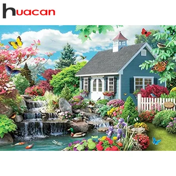 Huacan Диамантена картина 5D Къща и Рекичка Комплект за бродиране Мозайка Пейзаж 30х40 см Украса за дома
