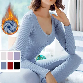 Жена топлинна бельо, Безшевни топ с дълъг ръкав, Подштанники, Пижами, комплект от 2 теми, Зимни Антибактериална Топли дрехи, костюм