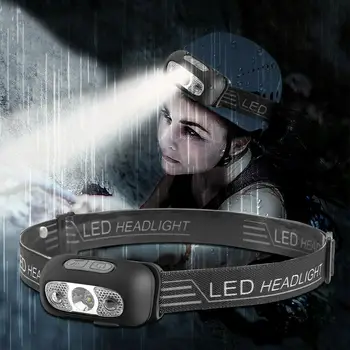 Мини Led налобный лампа с датчик за движение на тялото, USB Акумулаторна светлината на прожекторите, бял + червен режим, лампа за къмпинг, лампа на светлина