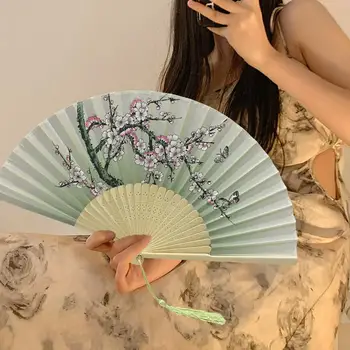 Сгъваем фен в китайски стил, рисувани, ръчно сгъваеми вентилатора в китайски стил с пискюли, Летни аксесоари за танцови изпълнения Снимка