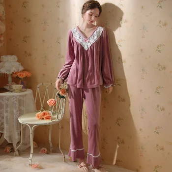 Сладка пижама в стил принцеси за момичета, Плюшен удебелена зимни Фланелевая домашно облекло с дълги ръкави, Сексуална лейси пижама с V-образно деколте, спално бельо