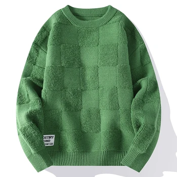 2023 Есента Ретро мъжки Вязаный пуловер с кръгло деколте, от висок Клас Топъл мъжки Пуловер в клетката, Модни блузи, Ежедневни жилетки