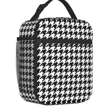 Модерен е черно-бяла чанта за обяд с изолация под формата на хаундстута за пикник на открито, Геометрични за многократна употреба термоохладитель, обяд-бокс за жени и деца