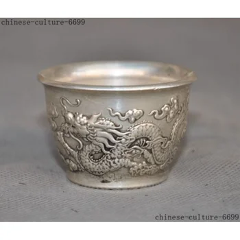 Коллекционный Китайския Тибетски Сребърен Дракон Статуетка на Дракон Чаена чаша, Чаша за вино