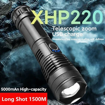 Най-новите led светлини с висока мощност XHP220, акумулаторна, мощен USB фенерче Flsahlight 18650, тактически фенер за нощуване на открито