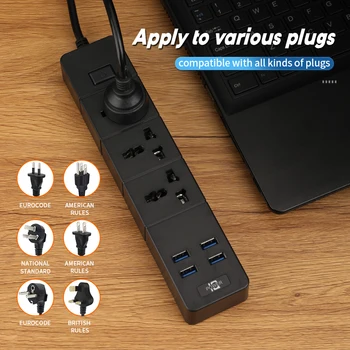 Контакт за зарядно устройство за умен дом и офис, кабел 2 м, изход 3, розетка 4, USB-порт, САЩ, ЕС, Великобритания, Power Strip