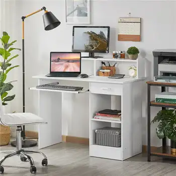 Smile Mart Дървена Компютърна маса за домашен офис с чекмеджета и поставка за клавиатура, бял