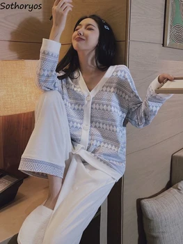 Пижамные комплекти Дамски геометрични Специални универсални за домашно творчество, Млад привлекателен и Елегантен Популярен корейски стил, Просто случаен пролетта