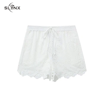 SLTNX Модни Дамски къси Панталони с бродерия 2023, Летни Дамски Отворени Бели Къси Дамски Шик Ежедневните Свободни Шорти Дантела, Новост