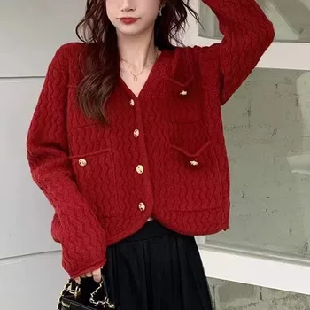 Пролетта Елегантен вязаный жилетка за жени 2023, Есента Новият Корейски стил, пуловер с V-образно деколте и дълъг ръкав, Палто, Дамска мода