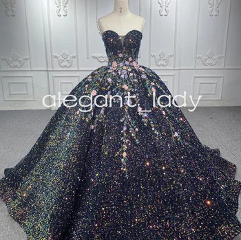 Черни Ослепителни Буйни рокли Принцеса с Цветя аппликацией във формата на Сърце, Панделка в Параклиса, Сладки 15 vestidos de quinceañera негър