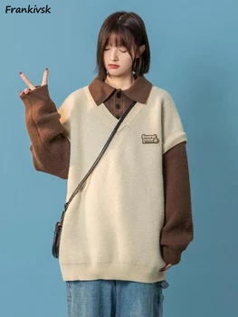 Фалшиви пуловери от две части, Дамски пуловери с отложным яка в японски стил Harajuku, Мода за почивка, Елегантен дизайн, Студентски дрехи, Сладки