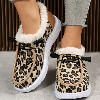 Памучен обувки с леопардовым принтом, Дамски зимни Зимни обувки на плоска подметка с кръгло бомбе, Лека Обувки Големи Размери, Botas De Invierno Mujer