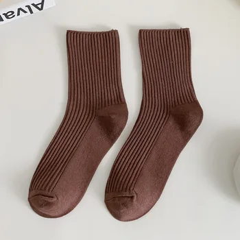 Чорапи Дамски средна Дължина, лятото, Есента и японски Реколта Памучни чорапи кафе цвят, Кафяви чорапи Каки за студенти, Сладки чорапи