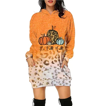 2023 Европейски и Американски Женски Пуловер с качулка за Хелоуин с 3D Принтом Тиква със Средна дължина, Модни Универсална Свободна Hoody