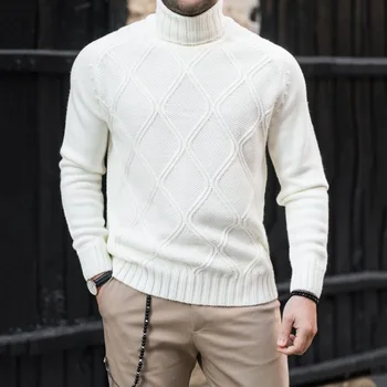 Мъжки Пуловер с висока воротом, монофонични оборудвана вязаный пуловер 2023, Есенно-Зимни Нови мъжки блузи с дълъг ръкав